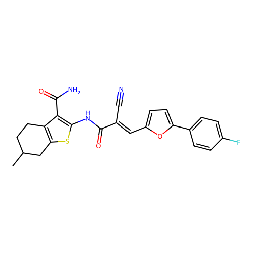 (E)-2-(2-cyano-3-(5-(4-fluorophenyl)furan-2-yl)acrylamido)-6-methyl-4,5,6,7-tetrahydrobenzo[b]thiophene-3-carboxamide structure