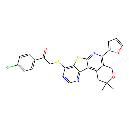 1-(4-chlorophenyl)-2-((5-(furan-2-yl)-2,2-dimethyl-2,4-dihydro-1H-pyrano[4'',3'':4',5']pyrido[3',2':4,5]thieno[3,2-d]pyrimidin-8-yl)thio)ethanone structure