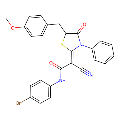(2Z)-N-(4-bromophenyl)-2-cyano-2-[5-(4-methoxybenzyl)-4-oxo-3-phenyl-1,3-thiazolidin-2-ylidene]ethanamide structure