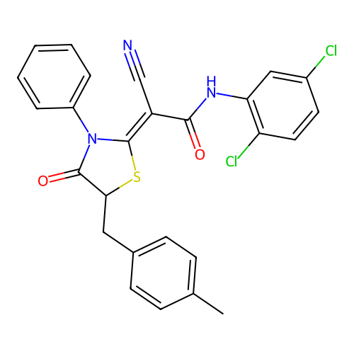(2Z)-2-cyano-N-(2,5-dichlorophenyl)-2-[5-(4-methylbenzyl)-4-oxo-3-phenyl-1,3-thiazolidin-2-ylidene]ethanamide structure