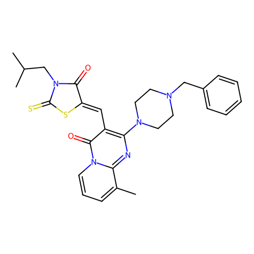 2-(4-benzylpiperazin-1-yl)-9-methyl-3-{(Z)-[3-(2-methylpropyl)-4-oxo-2-thioxo-1,3-thiazolidin-5-ylidene]methyl}-4H-pyrido[1,2-a]pyrimidin-4-one structure