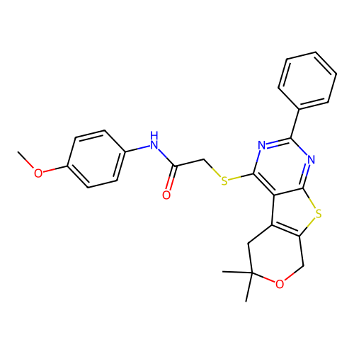 2-((6,6-dimethyl-2-phenyl-6,8-dihydro-5H-pyrano[4',3':4,5]thieno[2,3-d]pyrimidin-4-yl)thio)-N-(4-methoxyphenyl)acetamide structure