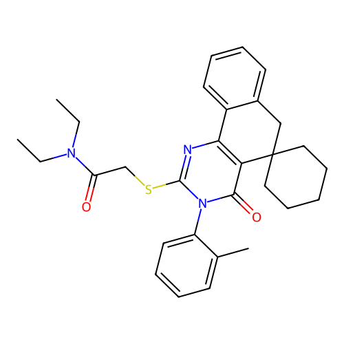 N,N-diethyl-2-((4-oxo-3-(o-tolyl)-4,6-dihydro-3H-spiro[benzo[h]quinazoline-5,1'-cyclohexan]-2-yl)thio)acetamide structure