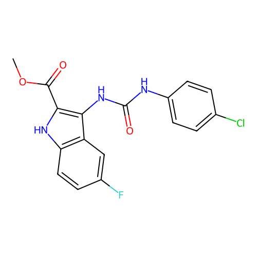 methyl 3-{[(4-chlorophenyl)carbamoyl]amino}-5-fluoro-1H-indole-2-carboxylate structure