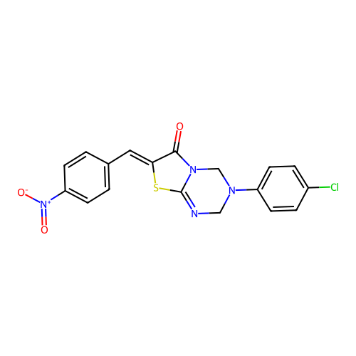 (Z)-3-(4-chlorophenyl)-7-(4-nitrobenzylidene)-3,4-dihydro-2H-thiazolo[3,2-a][1,3,5]triazin-6(7H)-one structure