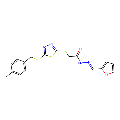 N'-[(E)-furan-2-ylmethylidene]-2-({5-[(4-methylbenzyl)sulfanyl]-1,3,4-thiadiazol-2-yl}sulfanyl)acetohydrazide structure