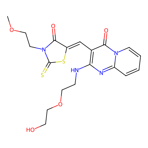 (5Z)-5-[[2-[2-(2-hydroxyethoxy)ethylamino]-4-oxopyrido[1,2-a]pyrimidin-3-yl]methylidene]-3-(2-methoxyethyl)-2-sulfanylidene-1,3-thiazolidin-4-one structure