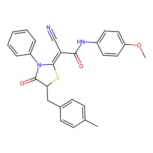 (2Z)-2-cyano-N-(4-methoxyphenyl)-2-[5-(4-methylbenzyl)-4-oxo-3-phenyl-1,3-thiazolidin-2-ylidene]ethanamide structure