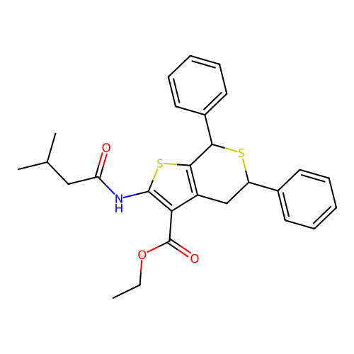 ethyl 2-[(3-methylbutanoyl)amino]-5,7-diphenyl-4,7-dihydro-5H-thieno[2,3-c]thiopyran-3-carboxylate structure