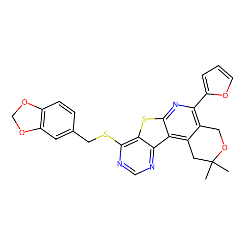 8-((benzo[d][1,3]dioxol-5-ylmethyl)thio)-5-(furan-2-yl)-2,2-dimethyl-2,4-dihydro-1H-pyrano[4'',3'':4',5']pyrido[3',2':4,5]thieno[3,2-d]pyrimidine structure