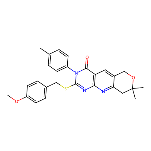 2-((4-methoxybenzyl)thio)-8,8-dimethyl-3-(p-tolyl)-8,9-dihydro-3H-pyrano[3',4':5,6]pyrido[2,3-d]pyrimidin-4(6H)-one structure