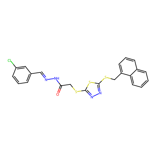 N'-[(E)-(3-chlorophenyl)methylidene]-2-({5-[(naphthalen-1-ylmethyl)sulfanyl]-1,3,4-thiadiazol-2-yl}sulfanyl)acetohydrazide structure