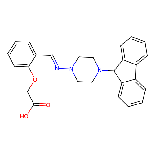 (E)-2-(2-(((4-(9H-fluoren-9-yl)piperazin-1-yl)imino)methyl)phenoxy)acetic acid structure