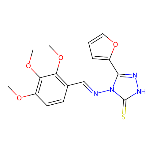 3-(furan-2-yl)-4-[(E)-(2,3,4-trimethoxyphenyl)methylideneamino]-1H-1,2,4-triazole-5-thione structure