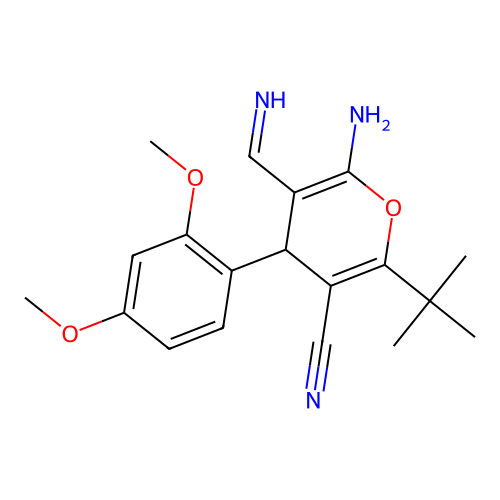 6-amino-2-(tert-butyl)-4-(2,4-dimethoxyphenyl)-5-(iminomethyl)-4H-pyran-3-carbonitrile structure