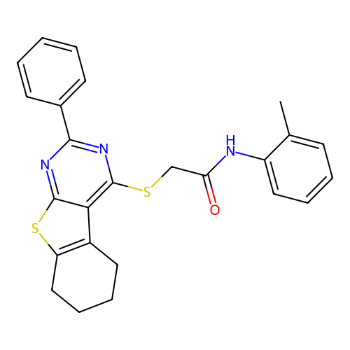 2-((2-phenyl-5,6,7,8-tetrahydrobenzo[4,5]thieno[2,3-d]pyrimidin-4-yl)thio)-N-(o-tolyl)acetamide structure