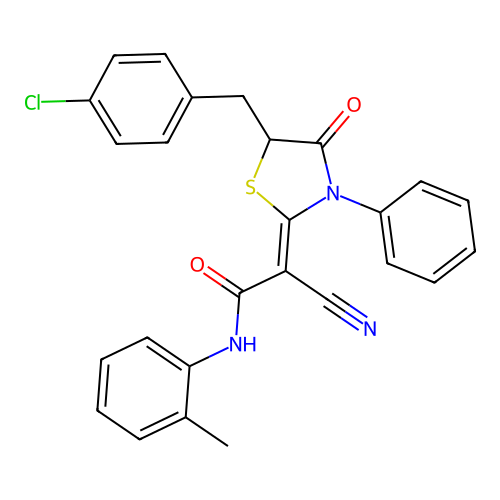 (Z)-2-(5-(4-chlorobenzyl)-4-oxo-3-phenylthiazolidin-2-ylidene)-2-cyano-N-(o-tolyl)acetamide structure