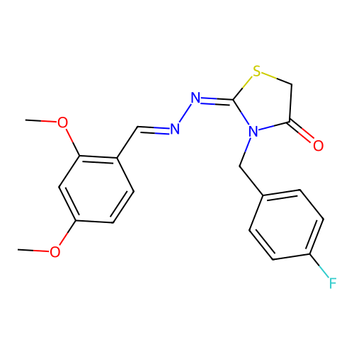 (E)-2-((E)-(2,4-dimethoxybenzylidene)hydrazono)-3-(4-fluorobenzyl)thiazolidin-4-one structure