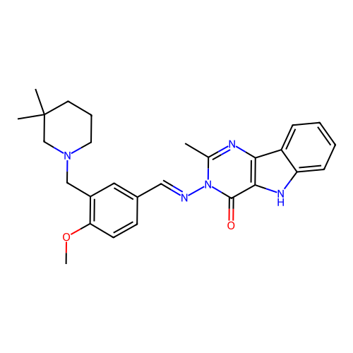 3-{[(E)-{3-[(3,3-dimethylpiperidin-1-yl)methyl]-4-methoxyphenyl}methylidene]amino}-2-methyl-3,5-dihydro-4H-pyrimido[5,4-b]indol-4-one structure