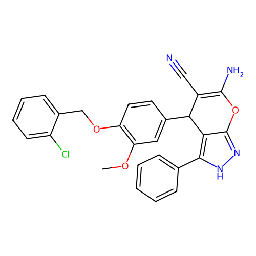 6-amino-4-{4-[(2-chlorobenzyl)oxy]-3-methoxyphenyl}-3-phenyl-1,4-dihydropyrano[2,3-c]pyrazole-5-carbonitrile structure