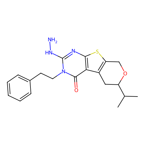 2-hydrazinyl-3-(2-phenylethyl)-6-(propan-2-yl)-3,5,6,8-tetrahydro-4H-pyrano[4',3':4,5]thieno[2,3-d]pyrimidin-4-one structure
