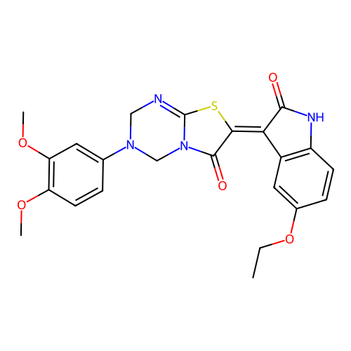 (7Z)-3-(3,4-dimethoxyphenyl)-7-(5-ethoxy-2-oxo-1,2-dihydro-3H-indol-3-ylidene)-3,4-dihydro-2H-[1,3]thiazolo[3,2-a][1,3,5]triazin-6(7H)-one structure