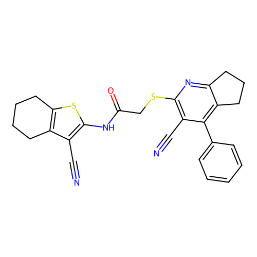 2-[(3-cyano-4-phenyl-6,7-dihydro-5H-cyclopenta[b]pyridin-2-yl)sulfanyl]-N-(3-cyano-4,5,6,7-tetrahydro-1-benzothiophen-2-yl)acetamide structure