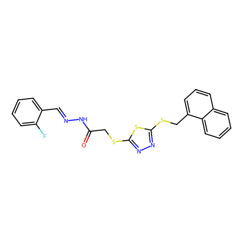 (E)-N'-(2-fluorobenzylidene)-2-((5-((naphthalen-1-ylmethyl)thio)-1,3,4-thiadiazol-2-yl)thio)acetohydrazide structure