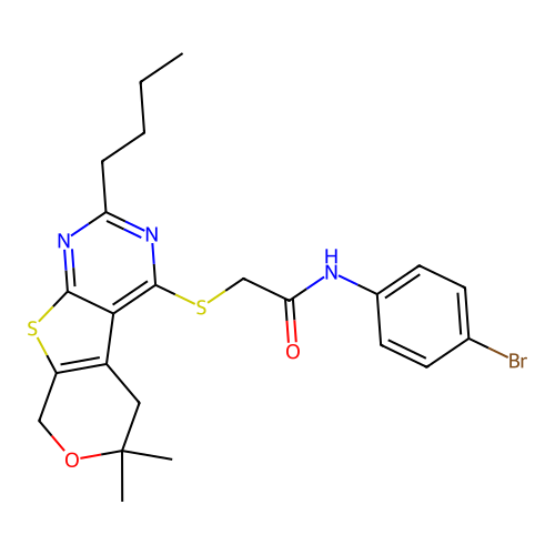 N-(4-bromophenyl)-2-((2-butyl-6,6-dimethyl-6,8-dihydro-5H-pyrano[4',3':4,5]thieno[2,3-d]pyrimidin-4-yl)thio)acetamide structure