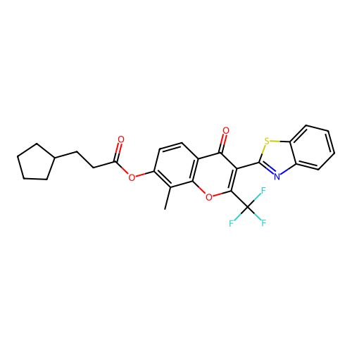 3-benzothiazol-2-yl-8-methyl-4-oxo-2-(trifluoromethyl)chromen-7-yl 3-cyclopent ylpropanoate structure