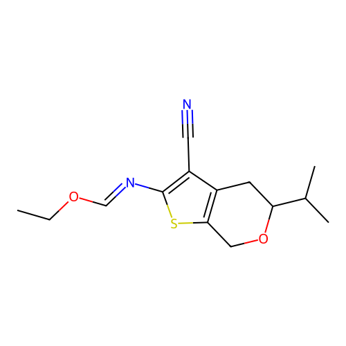 (E)-ethyl N-(3-cyano-5-isopropyl-5,7-dihydro-4H-thieno[2,3-c]pyran-2-yl)formimidate structure