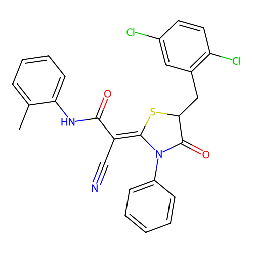 (Z)-2-cyano-2-(5-(2,5-dichlorobenzyl)-4-oxo-3-phenylthiazolidin-2-ylidene)-N-(o-tolyl)acetamide structure