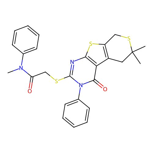 2-((6,6-dimethyl-4-oxo-3-phenyl-4,5,6,8-tetrahydro-3H-thiopyrano[4',3':4,5]thieno[2,3-d]pyrimidin-2-yl)thio)-N-methyl-N-phenylacetamide structure