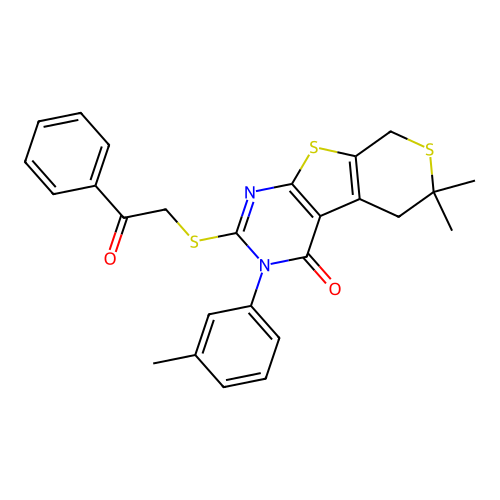 6,6-dimethyl-2-((2-oxo-2-phenylethyl)thio)-3-(m-tolyl)-5,6-dihydro-3H-thiopyrano[4',3':4,5]thieno[2,3-d]pyrimidin-4(8H)-one structure