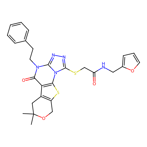 2-((7,7-dimethyl-5-oxo-4-phenethyl-5,6,7,9-tetrahydro-4H-pyrano[4',3':4,5]thieno[3,2-e][1,2,4]triazolo[4,3-a]pyrimidin-1-yl)thio)-N-(furan-2-ylmethyl)acetamide structure