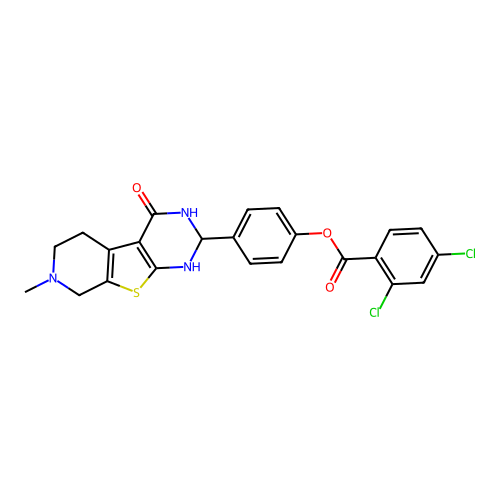 4-(7-methyl-4-oxo-1,2,3,4,5,6,7,8-octahydropyrido[4',3':4,5]thieno[2,3-d]pyrimidin-2-yl)phenyl 2,4-dichlorobenzoate structure