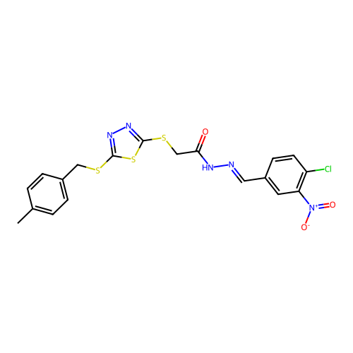 N'-[(E)-(4-chloro-3-nitrophenyl)methylidene]-2-({5-[(4-methylbenzyl)sulfanyl]-1,3,4-thiadiazol-2-yl}sulfanyl)acetohydrazide structure
