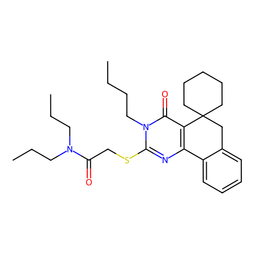2-((3-butyl-4-oxo-4,6-dihydro-3H-spiro[benzo[h]quinazoline-5,1'-cyclohexan]-2-yl)thio)-N,N-dipropylacetamide structure