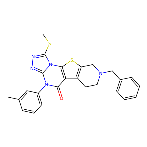 8-benzyl-1-(methylthio)-4-(m-tolyl)-6,7,8,9-tetrahydropyrido[4',3':4,5]thieno[3,2-e][1,2,4]triazolo[4,3-a]pyrimidin-5(4H)-one structure