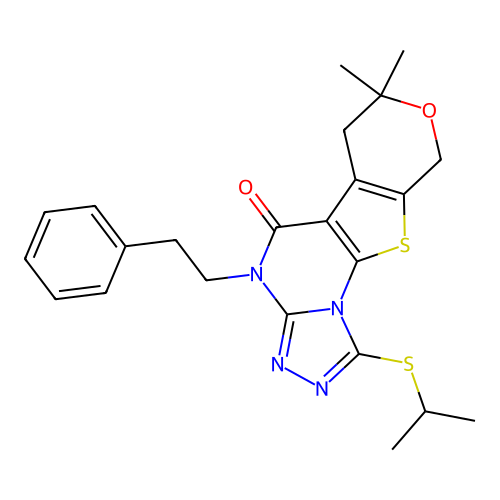 1-(isopropylthio)-7,7-dimethyl-4-phenethyl-6,7-dihydro-4H-pyrano[4',3':4,5]thieno[3,2-e][1,2,4]triazolo[4,3-a]pyrimidin-5(9H)-one structure
