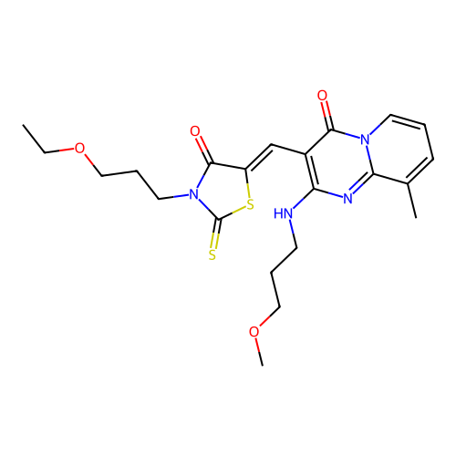 3-{(Z)-[3-(3-ethoxypropyl)-4-oxo-2-thioxo-1,3-thiazolidin-5-ylidene]methyl}-2-[(3-methoxypropyl)amino]-9-methyl-4H-pyrido[1,2-a]pyrimidin-4-one structure