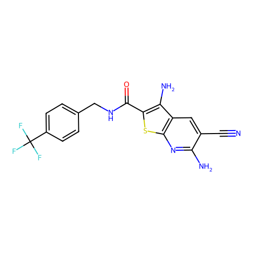 3,6-diamino-5-cyano-N-(4-(trifluoromethyl)benzyl)thieno[2,3-b]pyridine-2-carboxamide structure