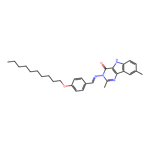 (E)-3-((4-(decyloxy)benzylidene)amino)-2,8-dimethyl-3H-pyrimido[5,4-b]indol-4(5H)-one structure