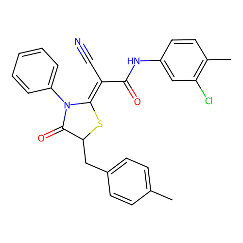 (2Z)-N-(3-chloro-4-methylphenyl)-2-cyano-2-[5-(4-methylbenzyl)-4-oxo-3-phenyl-1,3-thiazolidin-2-ylidene]ethanamide structure