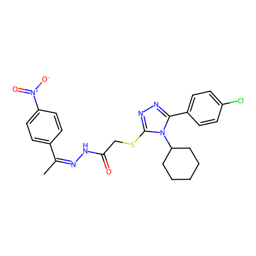 2-{[5-(4-chlorophenyl)-4-cyclohexyl-4H-1,2,4-triazol-3-yl]sulfanyl}-N'-[(1Z)-1-(4-nitrophenyl)ethylidene]acetohydrazide structure