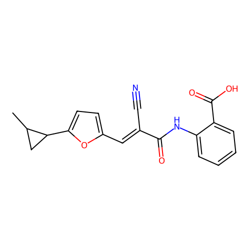(E)-2-(2-cyano-3-(5-(2-methylcyclopropyl)furan-2-yl)acrylamido)benzoic acid structure