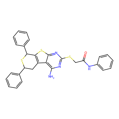 2-((4-amino-6,8-diphenyl-6,8-dihydro-5H-thiopyrano[4',3':4,5]thieno[2,3-d]pyrimidin-2-yl)thio)-N-phenylacetamide structure