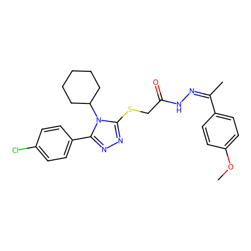 2-{[5-(4-chlorophenyl)-4-cyclohexyl-4H-1,2,4-triazol-3-yl]sulfanyl}-N'-[(1Z)-1-(4-methoxyphenyl)ethylidene]acetohydrazide structure