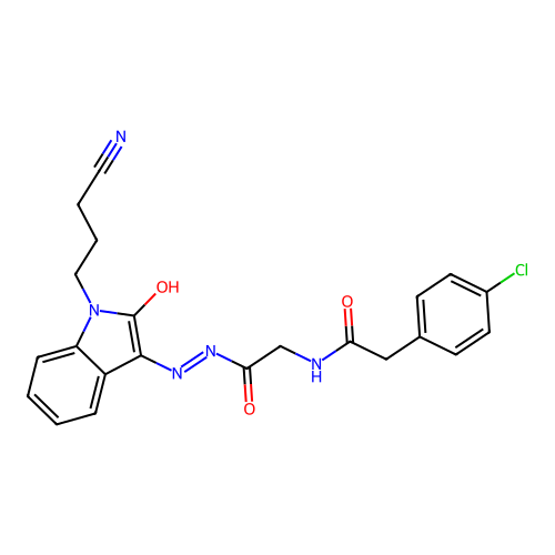 (Z)-2-(4-chlorophenyl)-N-(2-(2-(1-(3-cyanopropyl)-2-oxoindolin-3-ylidene)hydrazinyl)-2-oxoethyl)acetamide structure