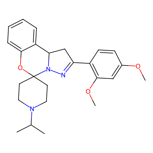 2'-(2,4-dimethoxyphenyl)-1-(propan-2-yl)-1',10b'-dihydrospiro[piperidine-4,5'-pyrazolo[1,5-c][1,3]benzoxazine] structure